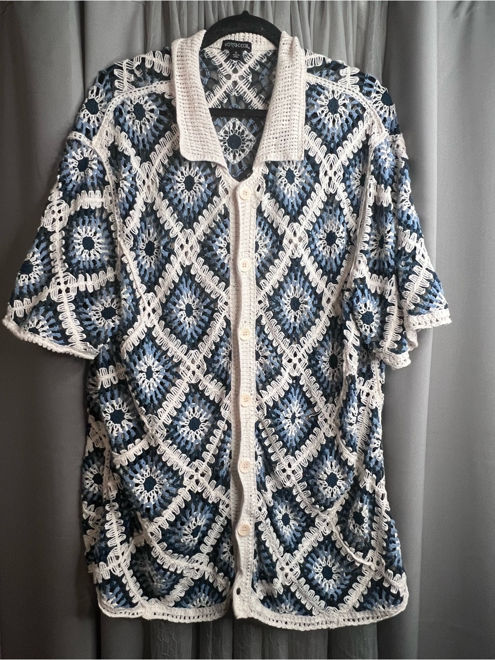 Morse Code XL Blue, Navy & Cream Crochet-Knit Collared Top